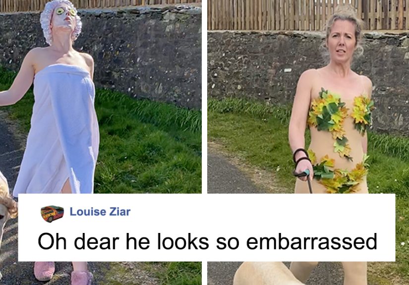 Woman Wears Bizarre Costumes While Walking Her Dog During The Quarantine And He Looks Embarrassed (8 Pics)