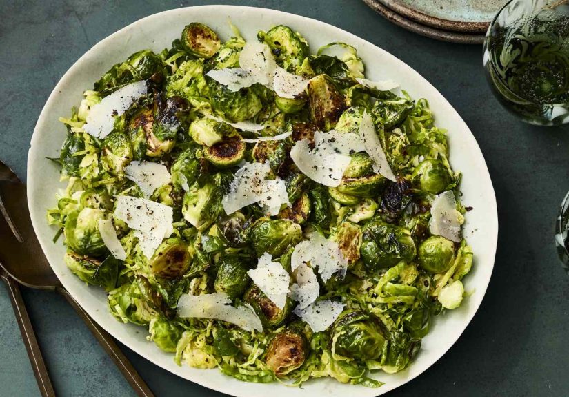 Raw and Roasted Cacio e Pepe Brussels Sprouts